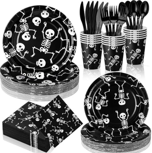 Honeydak 210 Pcs Halloween Skeleton Party Supplies for 30 Guests Dancing Skull Birthday Plates Napkins Cup and Forks Tableware for Halloween Ceremonies Birthday Holiday Party Decorations by Honeydak