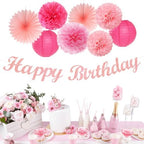 Light-Hot Pink Party-Decorations Paper-Flowers Lanterns - 29pcs Happy Banner Girl Birthday Decor Tissue Pom Poms Streamers, Bridal Baby Shower Wedding Bachelorette Valentine Hanging Supplies Hugfond - Image 6