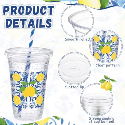 Funnymoom 50 Sets 20 oz Capri Lemon Plastic Cups with Lids & Paper Straws - Image 3
