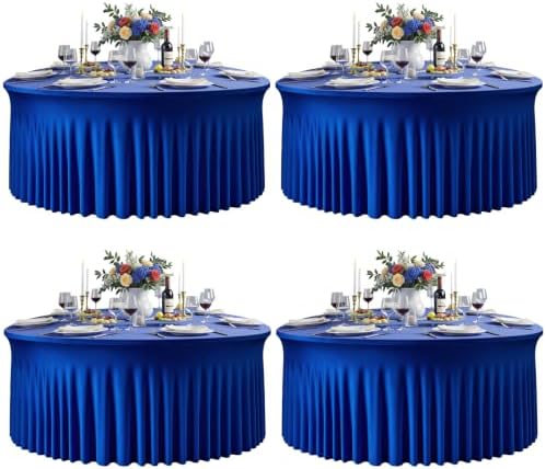 Royal Blue 4PCS Round Spandex Tablecloth for 5FT/60In Round Table, Stretchy Table Cloth with Skirt, Washable Fitted Tablecloth, Circle Wrinkle Free Table Cover for Wedding Party Banquet Event by Torrowsrort