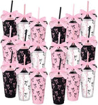 Skylety 24 Pcs Black and Pink Bow Plastic Cups with Lid Straw and Ribbon by Skylety