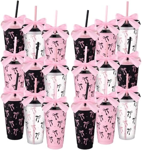 Skylety 24 Pcs Black and Pink Bow Plastic Cups with Lid Straw and Ribbon by Skylety