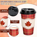 Whaline 50 Pcs Fall Thanksgiving Buffalo Plaid Disposable Coffee Cup with Lids and Sleeves Rustic Pumpkin Maple Leaf Paper Drinking Cups for Autumn Harvest Thanksgiving Party Supplies - Image 3