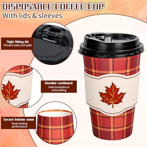 Whaline 50 Pcs Fall Thanksgiving Buffalo Plaid Disposable Coffee Cup with Lids and Sleeves Rustic Pumpkin Maple Leaf Paper Drinking Cups for Autumn Harvest Thanksgiving Party Supplies - Image 3