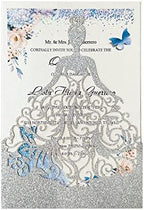 5.12 x7.28 inch 50PCS Silver Glitter Quinceanera Invitations Kit Laser Cut Hollow Girl Princess Pocket with Envelopes Invitations for Quinceanera Bridal Shower Invite by KUCHYNEE