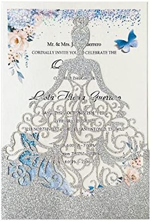 5.12 x7.28 inch 50PCS Silver Glitter Quinceanera Invitations Kit Laser Cut Hollow Girl Princess Pocket with Envelopes Invitations for Quinceanera Bridal Shower Invite by KUCHYNEE