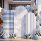 SiliFine Set of 3 Blue Chinoiserie Floral Arch Cover 4ft 5ft 6ft Striped Stretchy Backdrop Covers Gingham Patterns Backdrop Cover for Wedding Birthday Party Bridal Shower Baby Shower Celebration - Image 4