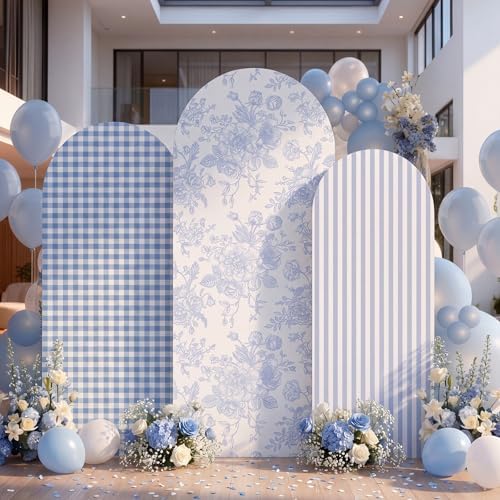SiliFine Set of 3 Blue Chinoiserie Floral Arch Cover 4ft 5ft 6ft Striped Stretchy Backdrop Covers Gingham Patterns Backdrop Cover for Wedding Birthday Party Bridal Shower Baby Shower Celebration - Image 4