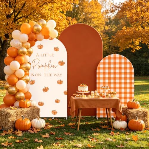 FYSUIMU 3 Pcs Fall Arch Backdrop Covers A Little Pumpkin is on the Way Baby Shower Decorations Orange Plaid Stretchy Spandex Arch Stand Fabric Cover for Autumn Gender Reveal Birthday (4ft/5ft/6ft) - Image 5