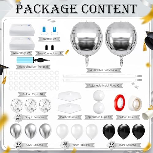 2 Sets Black Silver White Balloon Column Stand Kit, Adjustable Floor Tower with Foil & Latex Balloons for Birthday Wedding Anniversary Retirement Disco Bachelorette Party Backdrop - Image 2