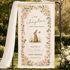 A New Chapter Floral Woodland Bunny Baby Shower Satin Fabric Welcome Banner by Custom