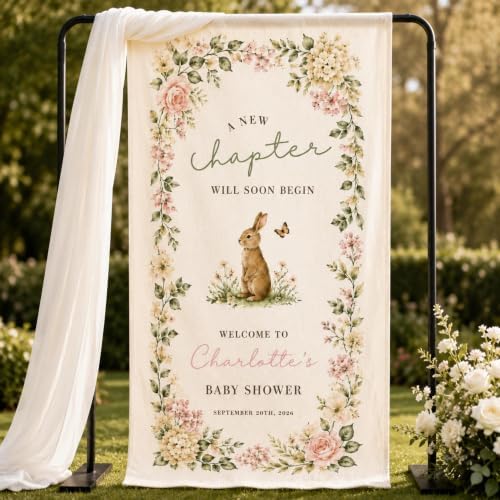 A New Chapter Floral Woodland Bunny Baby Shower Satin Fabric Welcome Banner by Custom