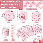 Funnymoom 452 Pcs Cherry and Bow Party Decoration Serves 50, Cherry Birthday Baby Shower Scalloped Paper Plates Napkins Cups Tablecloth Cutlery Straws for Pink Bow Birthday Baby Shower Party Supplies - Image 2