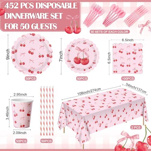 Funnymoom 452 Pcs Cherry and Bow Party Decoration Serves 50, Cherry Birthday Baby Shower Scalloped Paper Plates Napkins Cups Tablecloth Cutlery Straws for Pink Bow Birthday Baby Shower Party Supplies - Image 2