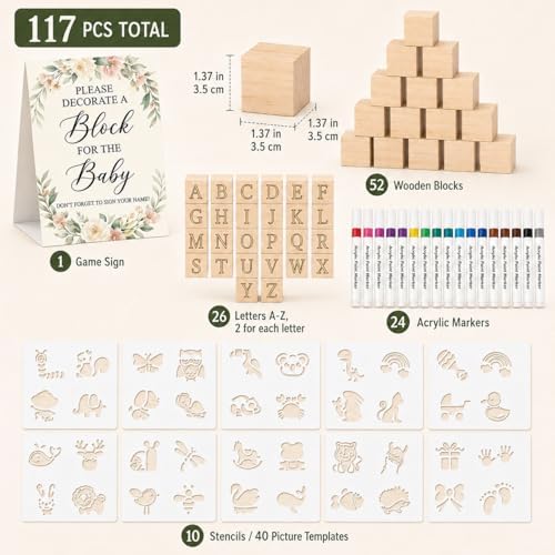 117 Pcs Baby Shower Blocks to Decorate Game Kit, 52 Wooden Baby Blocks for Baby Shower Games, 24 Acrylic Markers, 10 Stencils, Game Sign, DIY Baby Shower Activity & Gender Reveal Decor, Floral - Image 2