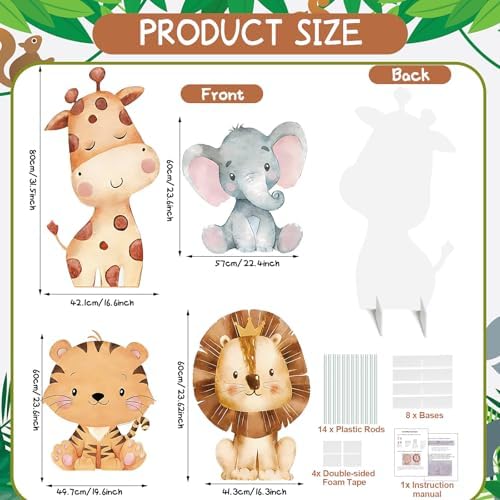 4Pcs Large Jungle Safari Animal Party Decorations, 23.6'' Plastic Cartoon Jungle Animal Cardboard Cutout StandUp Wild One Safari Party Centerpieces Photo Booth Backdrop for Baby Shower Birthday - Image 2
