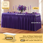 Purple Polyester Table Cloths for Rectangle 4 Foot Tables, 2 Pack Wrinkle Free Tablecloths Stretchy Banquet Ruffle Fitted Table Cover Desk Skirt for Parties Wedding Birthday Baby Shower - Image 5