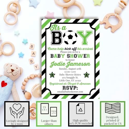Amanda Creation Custom Baby Shower Invites Soccer Baby Shower Invitation 20 5x7 Custom Personalized Green Soccer Ball Invites With Envelopes - Image 2