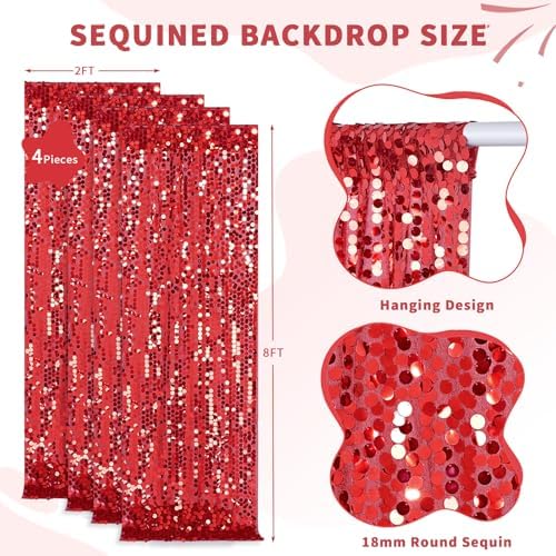 Red Big Payette Sequin Backdrop Curtain 4 Panels 2ftx8ft Sparkly Glitter Party Background for Birthday Holiday Wedding Event Decorations - Image 2