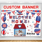 Custom Welcome Home Decorations Kit Military Welcome Home Banner Red White and Blue Balloons Patriotic Paper Fans Star Streamers Tablecloth for Patriotic Memorial Day Deployment Returning Party Decor(5x7.5ft) by AUBAO