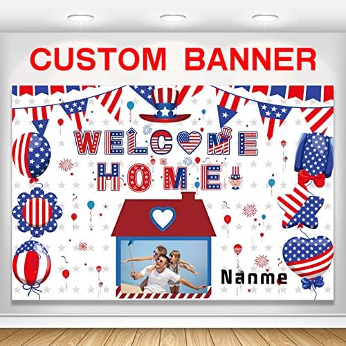 Custom Welcome Home Decorations Kit Military Welcome Home Banner Red White and Blue Balloons Patriotic Paper Fans Star Streamers Tablecloth for Patriotic Memorial Day Deployment Returning Party Decor(5x7.5ft) by AUBAO