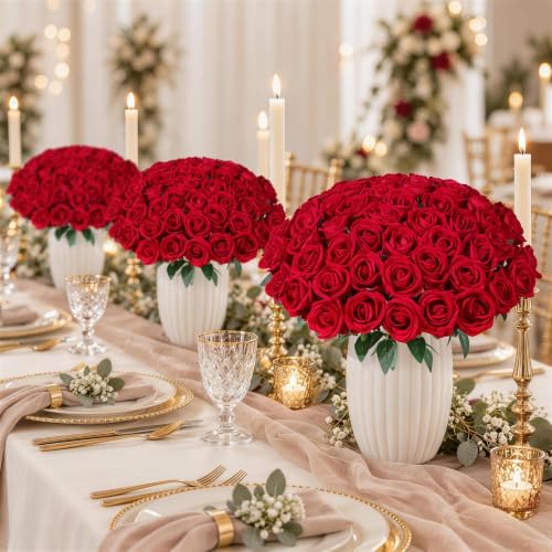 100 PCS Red Roses Artificial Flowers, Fake Roses with Stems Realistic Silk Roses for DIY Wedding Bouquets Tables Centerpieces Arrangements Baby Shower Birthday Home Decor Valentine's Day Gift for Her - Image 6