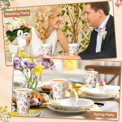 Funnymoom 100 Pieces Vintage Floral Disposable Paper Cups with 120 Lids 12oz Coffee Wildflower Coffee Cups for Spring Floral Themed Birthday Party Women Girls Bridal Wedding Tea Party Baby Shower - Image 4