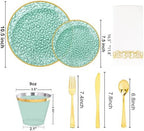 Rubtlamp 350 Pcs Green Plastic Dinnerware Set, Green and Gold Plastic Plates, Hammered Party Plates Include Dinner Platos, Dessert Platos, Cups, Gold Cutlery Set And Napkins for Party - Image 2