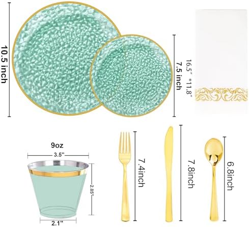 Rubtlamp 350 Pcs Green Plastic Dinnerware Set, Green and Gold Plastic Plates, Hammered Party Plates Include Dinner Platos, Dessert Platos, Cups, Gold Cutlery Set And Napkins for Party - Image 2