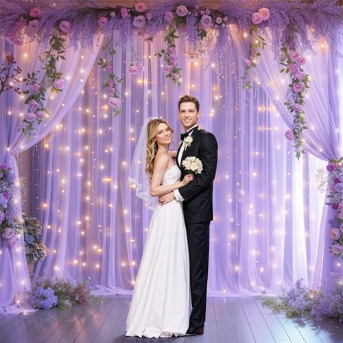 10ft x 10ft Lavender Chiffon Backdrop Curtain with Lights String for Parties,2 Panels Sheer Tulle Curtain Wedding Photo Backdrop with Lights for Baby Shower Birthday Party Ceremony Home Decorations - Image 5