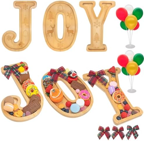 3PCS Bamboo Christmas Decorations Letters Charcuterie Board Box-(with 14 Balloons and Bow) Joy Charcuterie Letters Fillable Food Christmas Party Supplies Table Decoration Food Tray Platter by Nsoyos