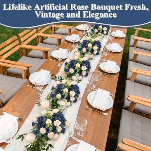 Zeyune 8 Pack 12 Inch Artificial Rose Bouquet, Navy Blue and Champagne - Image 4