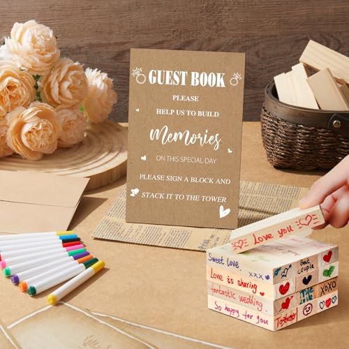 Beeveer 80 Wedding Guest Book Alternative Tumbling Tower Wooden Block, Boho - Image 6