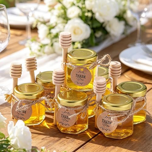 R DRURLCD 50 Pack 1.5 oz Hexagonal Mini Glass Honey Jars in Bulk with Wooden Dipper Bee Charms Thank You Cards Jutes for Baby Shower Wedding Party Favors Gifts - Image 5