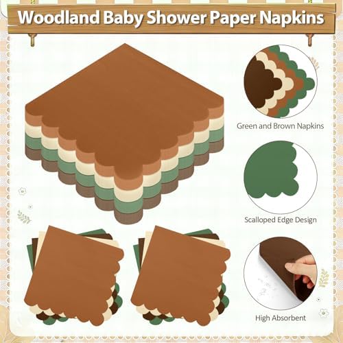 192Pcs Woodland Plates and Napkins Party Supplies, 9’’ Disposable Scalloped Sage Green and Brown Paper Plates, Woodland Baby Shower Party Decorations for Birthday, Animals Safari Party, Serves 48 - Image 4