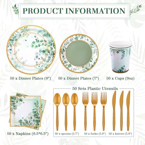 Ziliny 350 Pcs Sage Green Party Supplies Serves 50 Disposable Eucalyptus Paper Plates Napkins Cups Plastic Cutlery Tableware Set for Wedding Birthday Bridal Shower Tea Party Decoration - Image 2