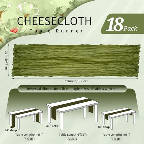 18 Pack Cheesecloth Table Runner 10FT Olive Green Table Runner Boho Gauze Cheese Cloth Table Runners Long Rustic Sheer Table Decorations for Wedding Party Baby Bridal Shower Birthday Holiday Home - Image 2