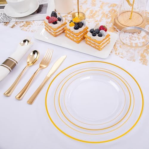 WELLIFE 350PCS Clear-Gold Plastic Plates - 100 Disposable Plates, 150Plastic Silverware, 50 Cups, 50 Napkins for Wedding & Party - Image 3