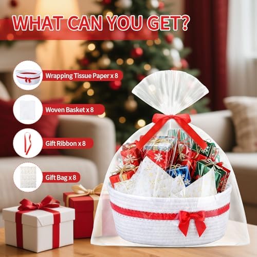 FoldTier 8 Pack Christmas Woven Gift Baskets with Handles,White - Image 4
