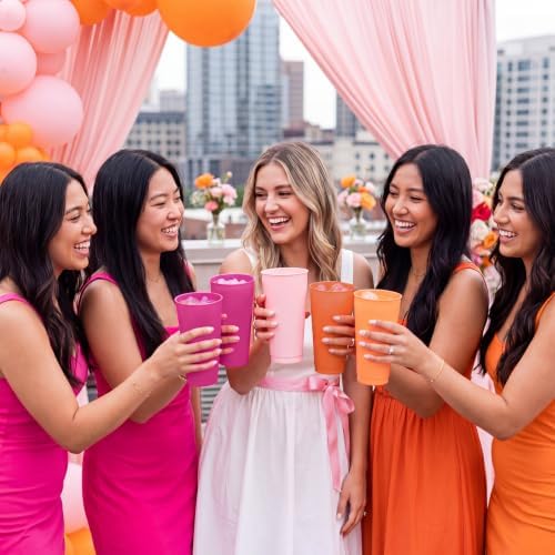 Skylety 24 Pcs Pink Orange Plastic Cups with Lids and Straws 24 oz - Image 7