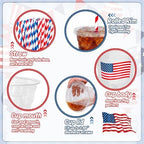 Whaline 50Pcs 12Oz Patriotic Disposable Plastic Cups with Lids and Straws 4th of July American Flag Cold Beverage Drinking Cups for 250th Anniversary Independence Day Party Supplies - Image 3