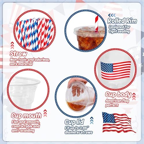 Whaline 50Pcs 12Oz Patriotic Disposable Plastic Cups with Lids and Straws 4th of July American Flag Cold Beverage Drinking Cups for 250th Anniversary Independence Day Party Supplies - Image 3