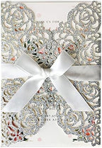 20PCS 5.12 x 7.28'' Silver Wedding Invitations Cards With Bowknot Laser Cut Rose Flowers invitation kit For Bridal Shower Engagement Wedding Invite (Silver Glitter) by KUCHYNEE
