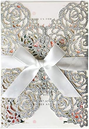 20PCS 5.12 x 7.28'' Silver Wedding Invitations Cards With Bowknot Laser Cut Rose Flowers invitation kit For Bridal Shower Engagement Wedding Invite (Silver Glitter) by KUCHYNEE