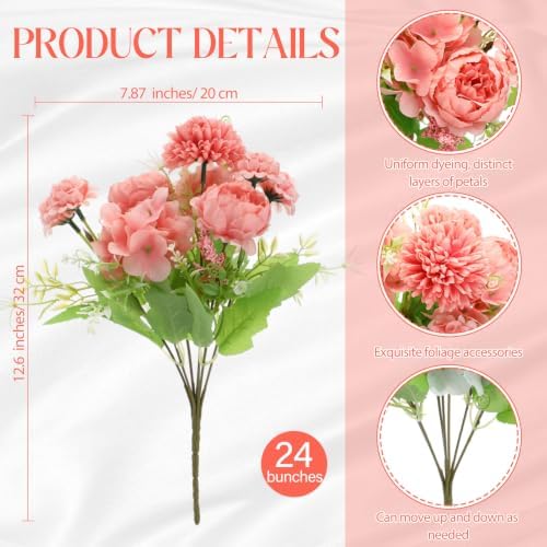 Tigeen 24 Bundles Artificial Flowers Bouquet Silk Peonies, Coral Red - Image 2