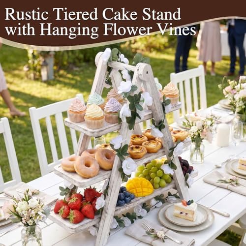 White Wood 3 Tier Foldable Serving Tray for Cupcake Dessert Stand,Rectangular Farmhouse Stand Charcuterie Board Wedding Party Decorative Tray Decor - Image 3