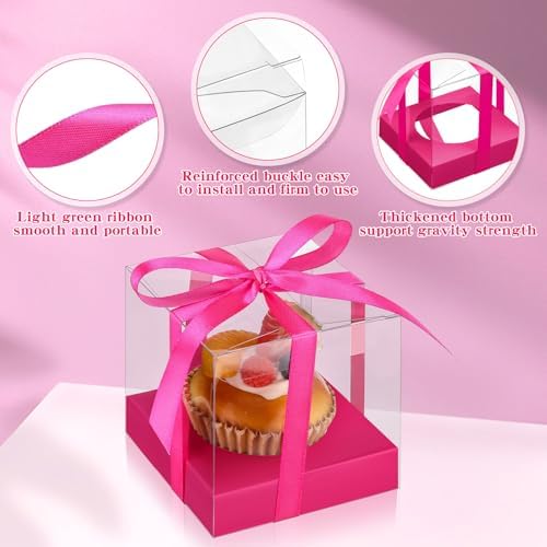 Thenshop 50 Pcs Clear Cupcake Boxes Individual 3.5 Inch, Hot Pink - Image 3