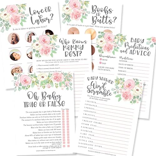 Hadley Designs 25 Floral Love or Labor, Boobs Or Baby Butts Game, 25 Who Knows Mommy Best, Baby Prediction and Advice Cards, 25 True Or False, Word Scramble-6 Double Sided Cards for Baby Shower by HadleyDesigns