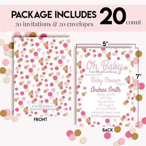 Amanda Creation Custom Baby Shower Invites Pink and Gold Polka Dot Baby Shower Invitation 20 5x7 Personalized Invites With Envelopes - Image 4