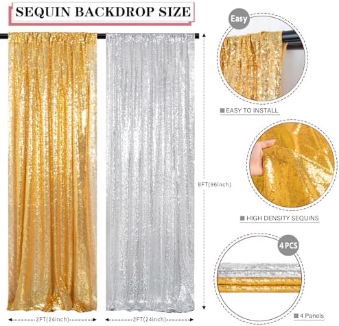 4 Panels 2FTx8FT Gold & Silver Sequin Backdrop Curtain | Sparkling Party Decor | Photo Booth Background for Events, Weddings, and Celebrations - Image 6